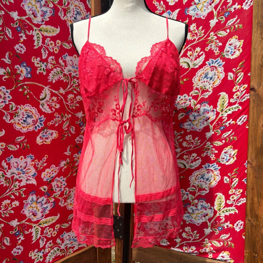Silk Blend 2000's Victoria's Secret Red Sheer Mesh Lace Open Tie Chemise Size L